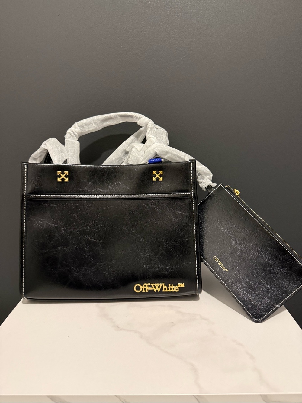 Off-White Black Leather Satchel with Gold Accents and Pouch